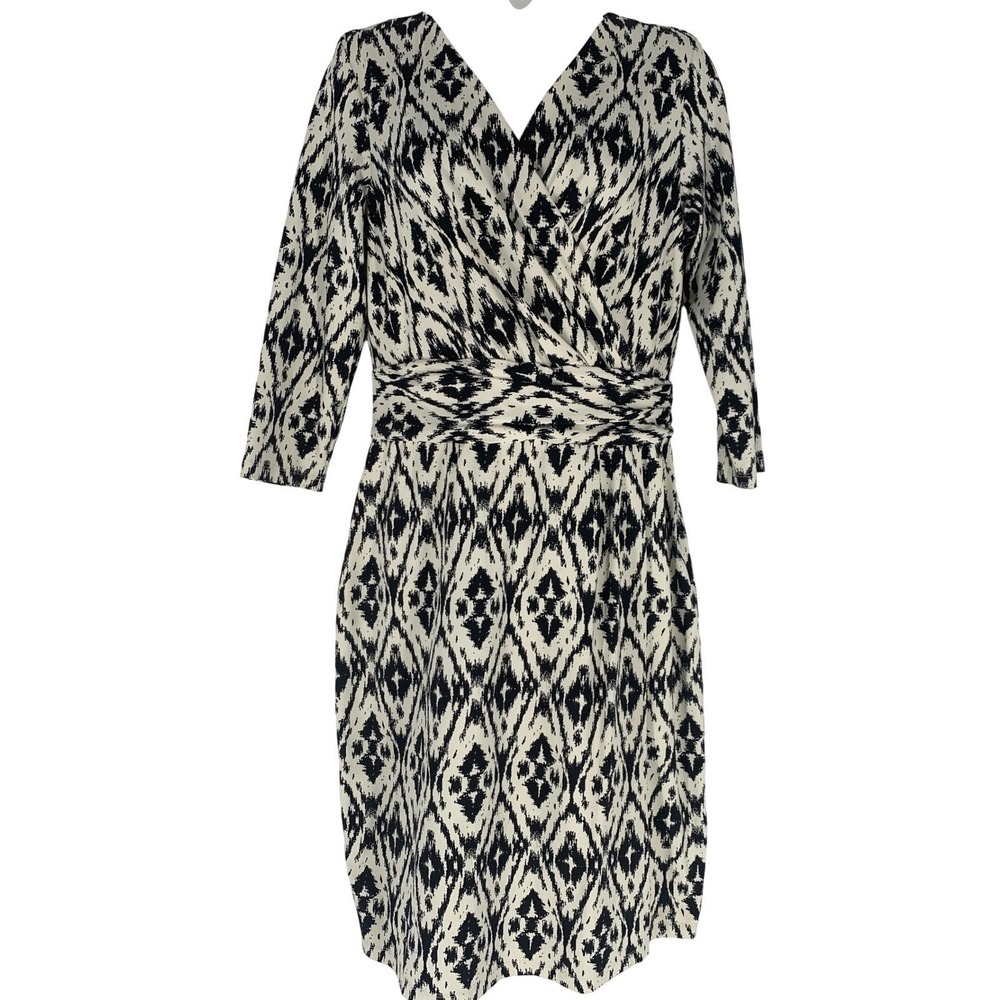 J McLaughlin Faux Wrap Dress Medium Black White Ikat 3/4 Sleeve Stretch